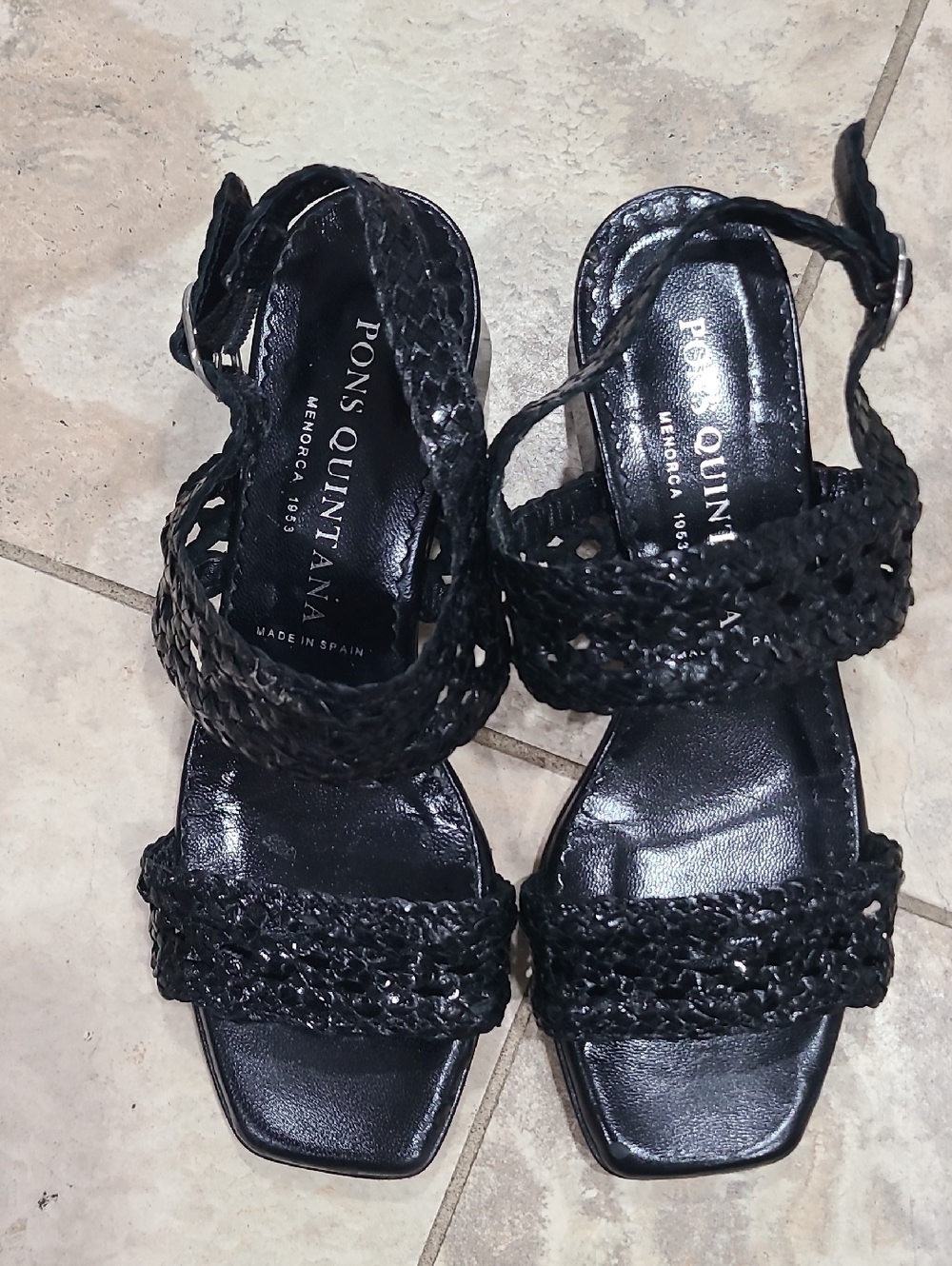 Pons Quintana Black Braided Leather Sandals with Ankle Strap